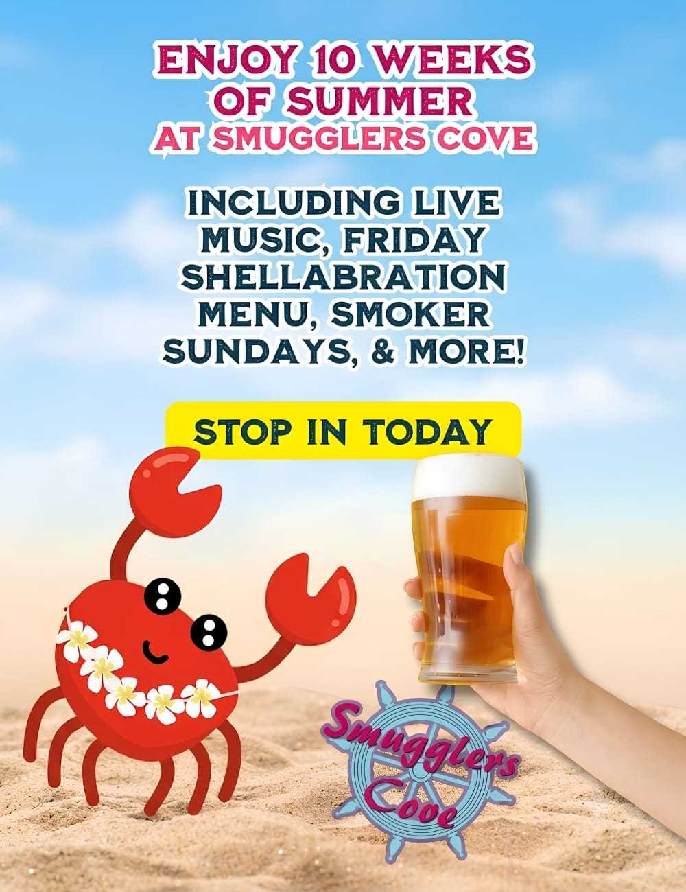 Hand holding beer on beach with text about Smugglers Cove summer events. Cartoon crab visible.