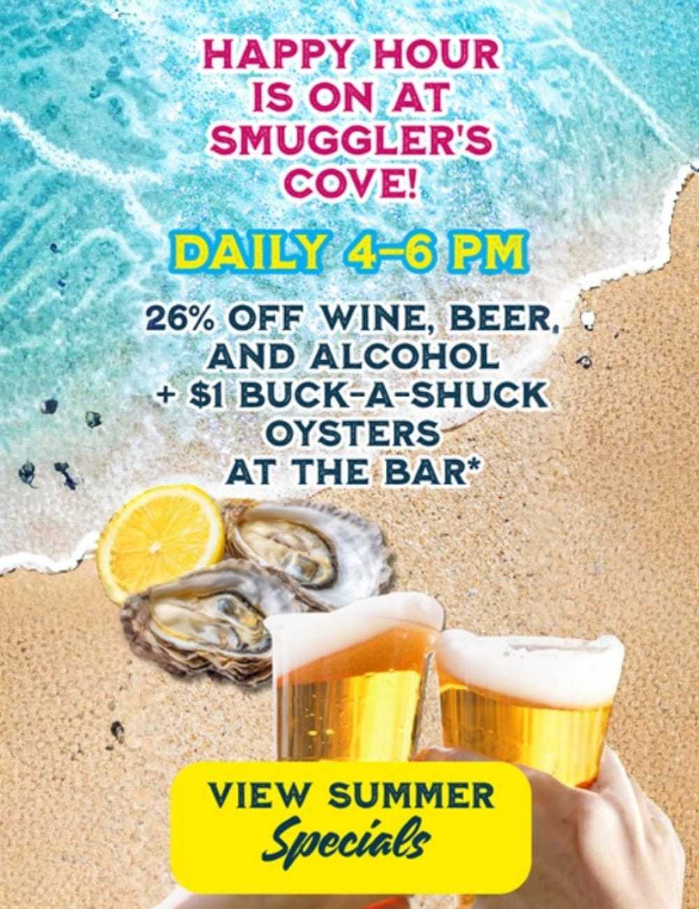 Beach scene with drinks; Happy Hour 26% off at Smuggler's Cove, 4-6 PM.