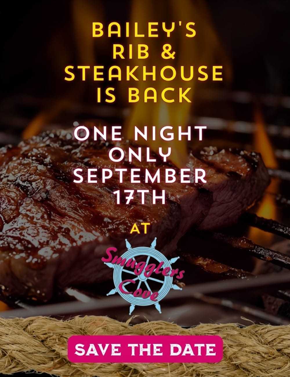 Grilled steak on BBQ grill with text: "Bailey's Rib & Steakhouse" event on September 17th.