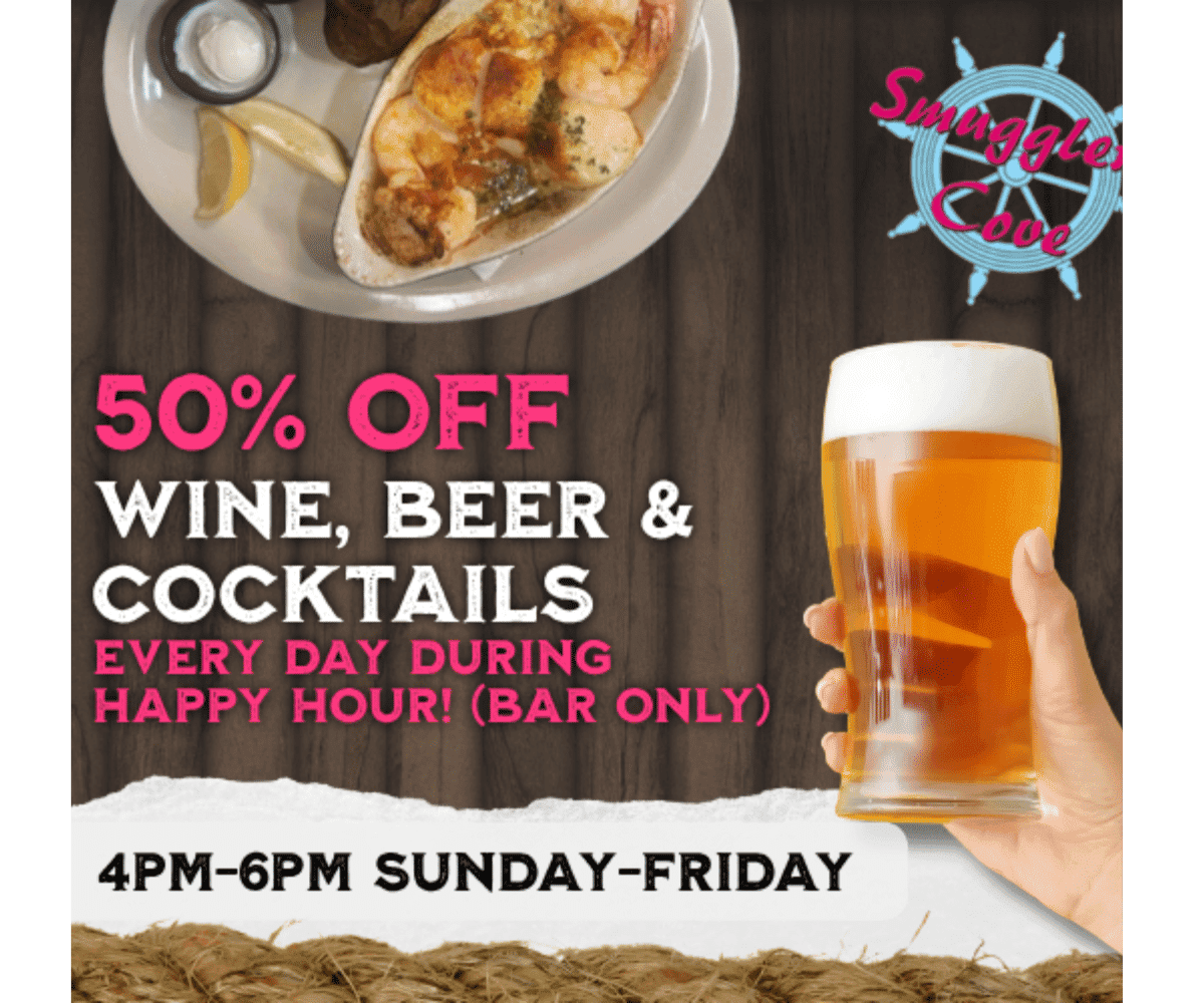 50% off wine, beer, cocktails during happy hour (bar only). 4-6pm Sunday-Friday.