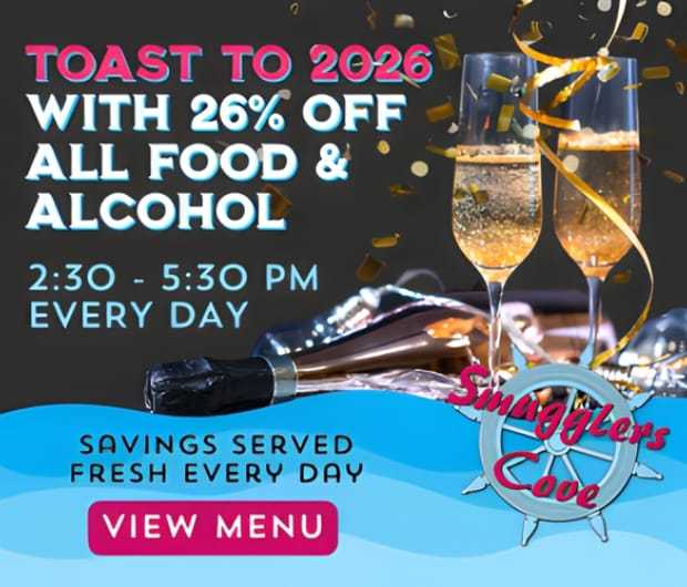 Celebrate 2026 with 26% off food and drinks at Smugglers Cove, 2:30-5:30 PM daily.