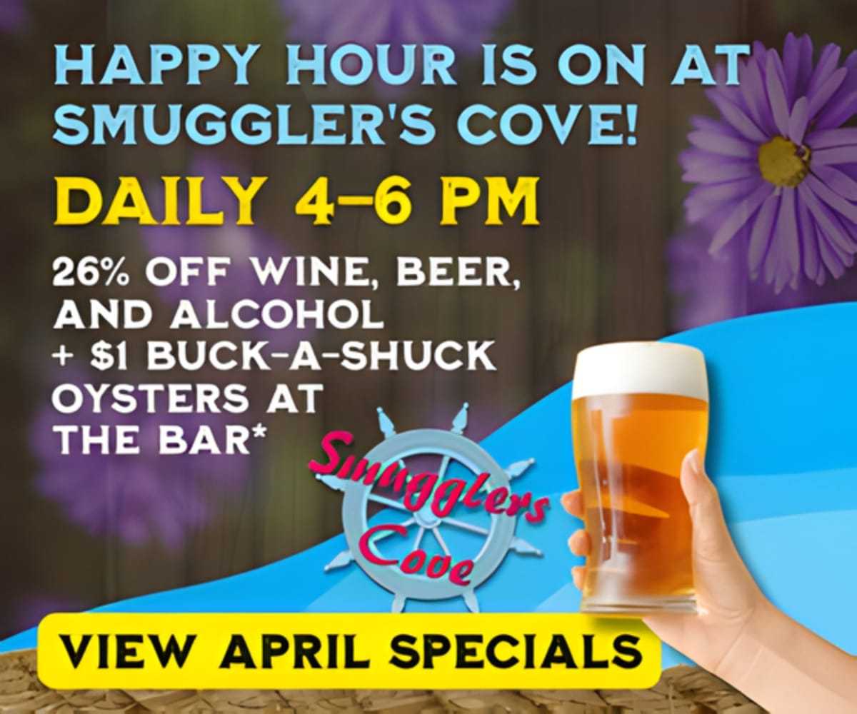 Smuggler's Cove happy hour: 26% off drinks, $1 oysters, daily 4-6 PM. View April specials.